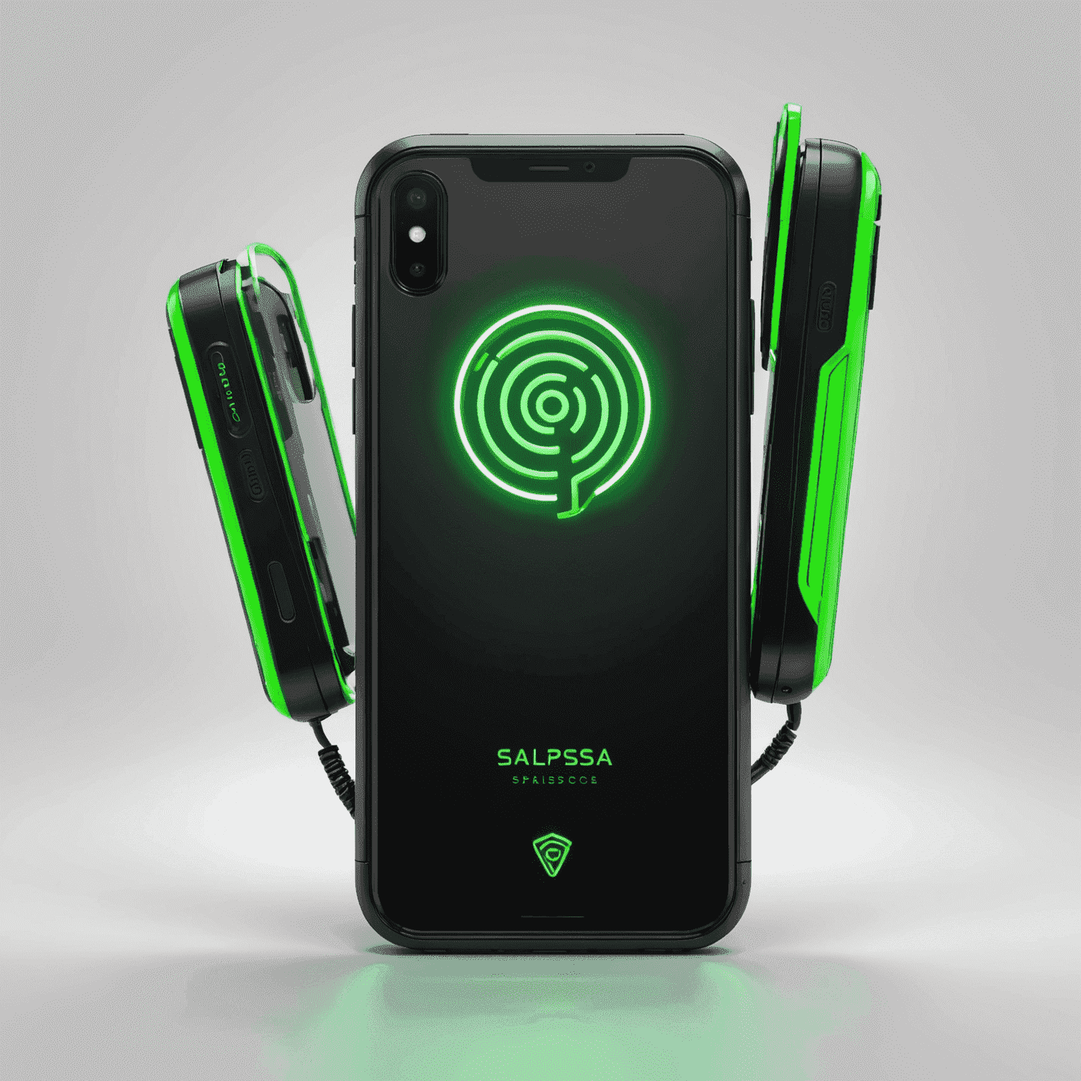 Saliposa logo - A stylized mobile phone with neon green accents