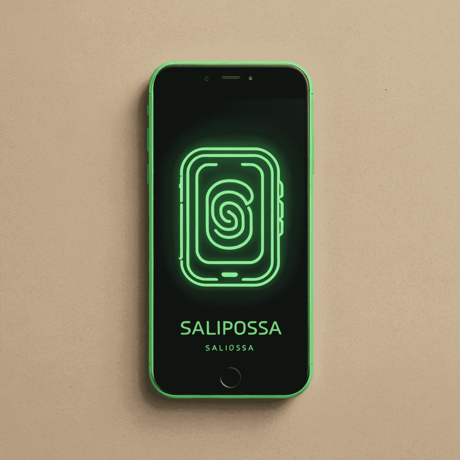 Saliposa logo - A stylized mobile phone with neon green accents