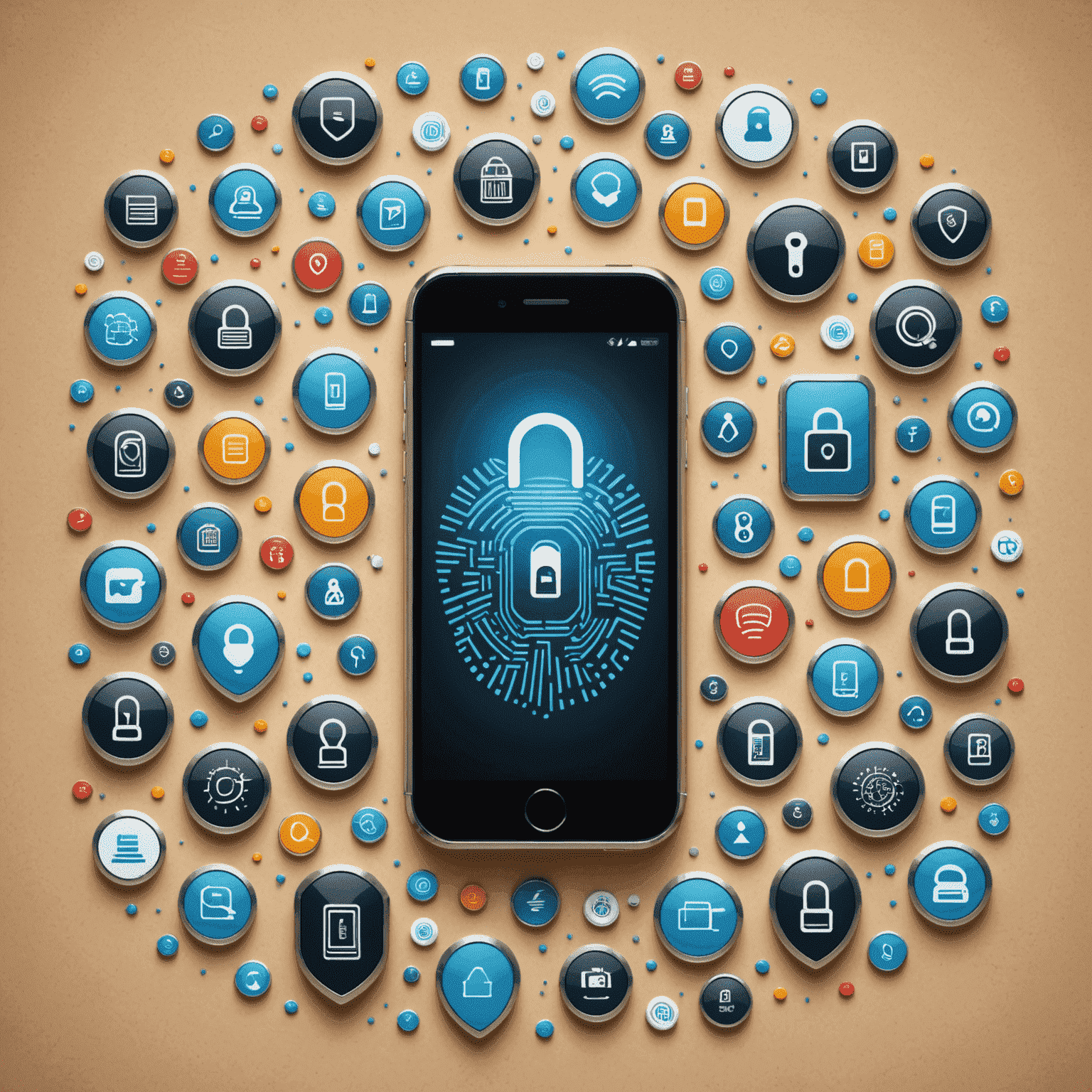 Illustration of a mobile phone surrounded by security icons such as locks, shields, and fingerprints, representing various mobile security measures