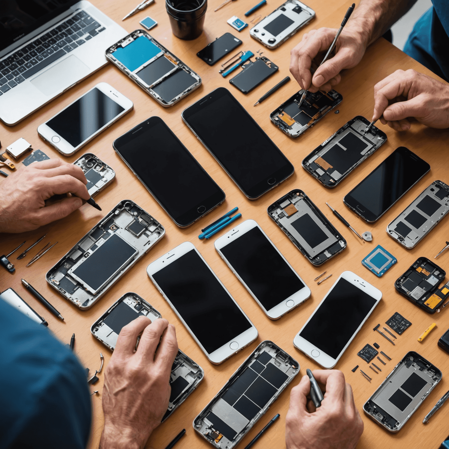 Various smartphones being repaired by technicians, with tools and replacement parts visible