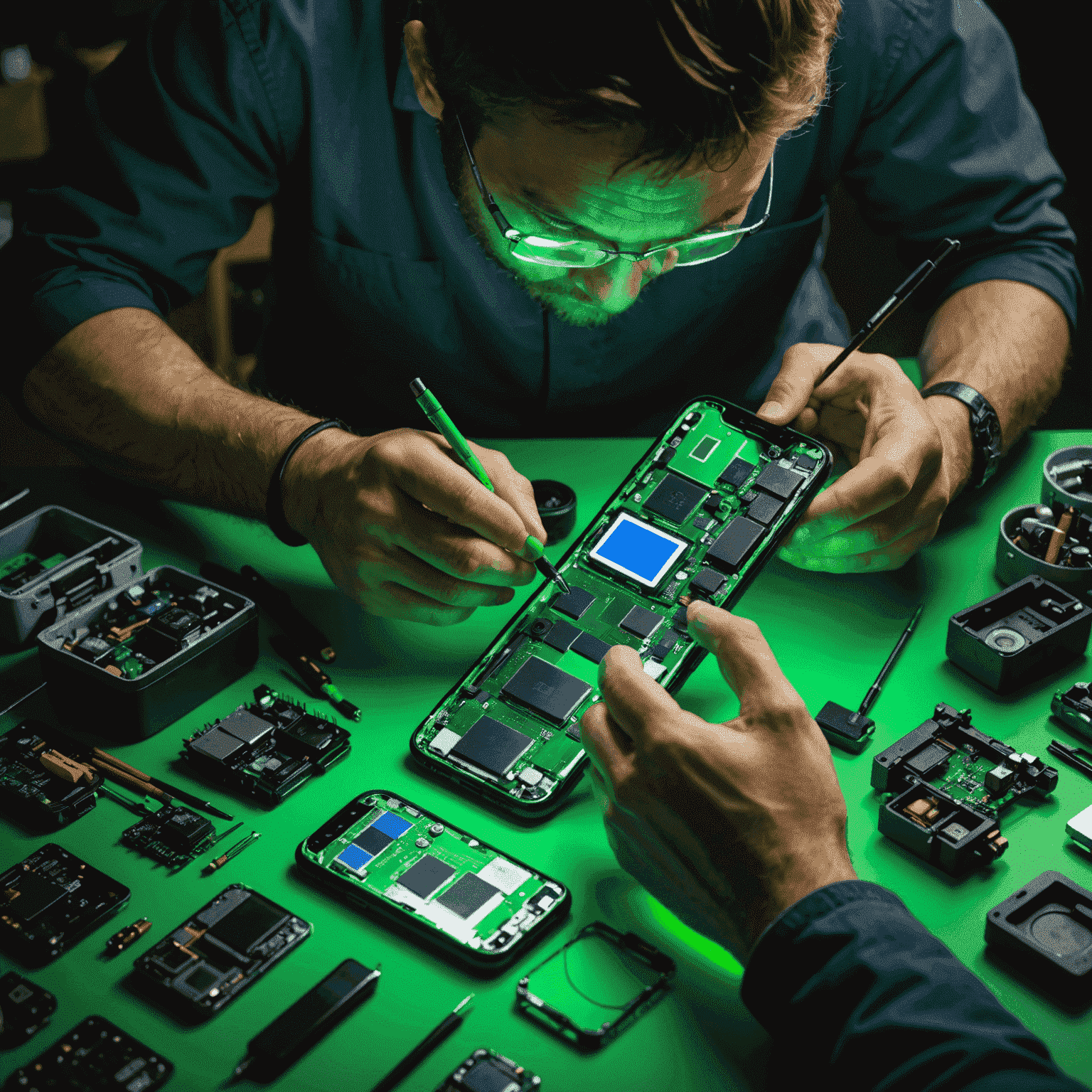 A technician carefully repairing a smartphone, surrounded by various repair tools and spare parts. The image has a neon green glow around the edges.