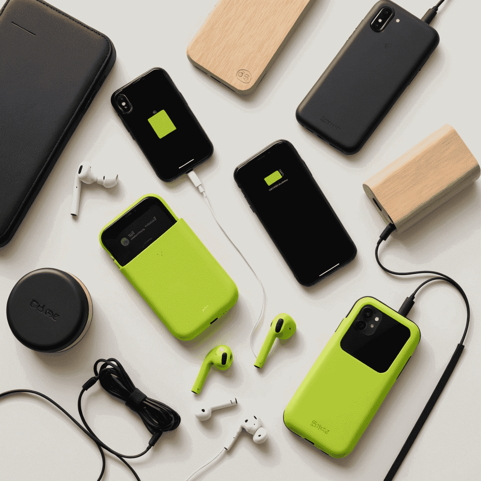 Various mobile accessories including a neon green phone case, cream-colored wireless earbuds, and a sleek black portable charger arranged on a white surface