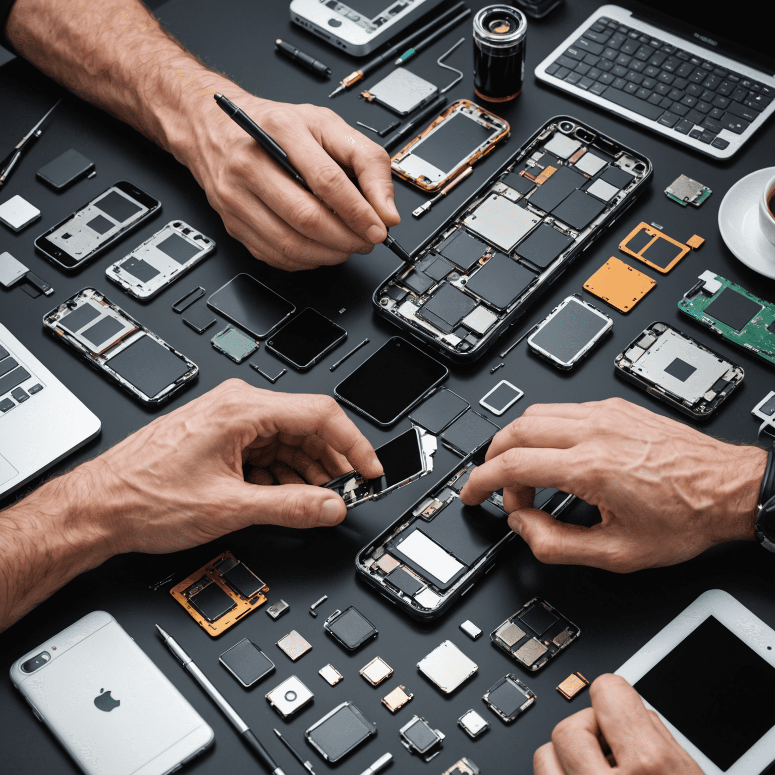 A technician carefully extracting data from a damaged smartphone, surrounded by various mobile devices and recovery tools. The image showcases the delicate process of data retrieval.