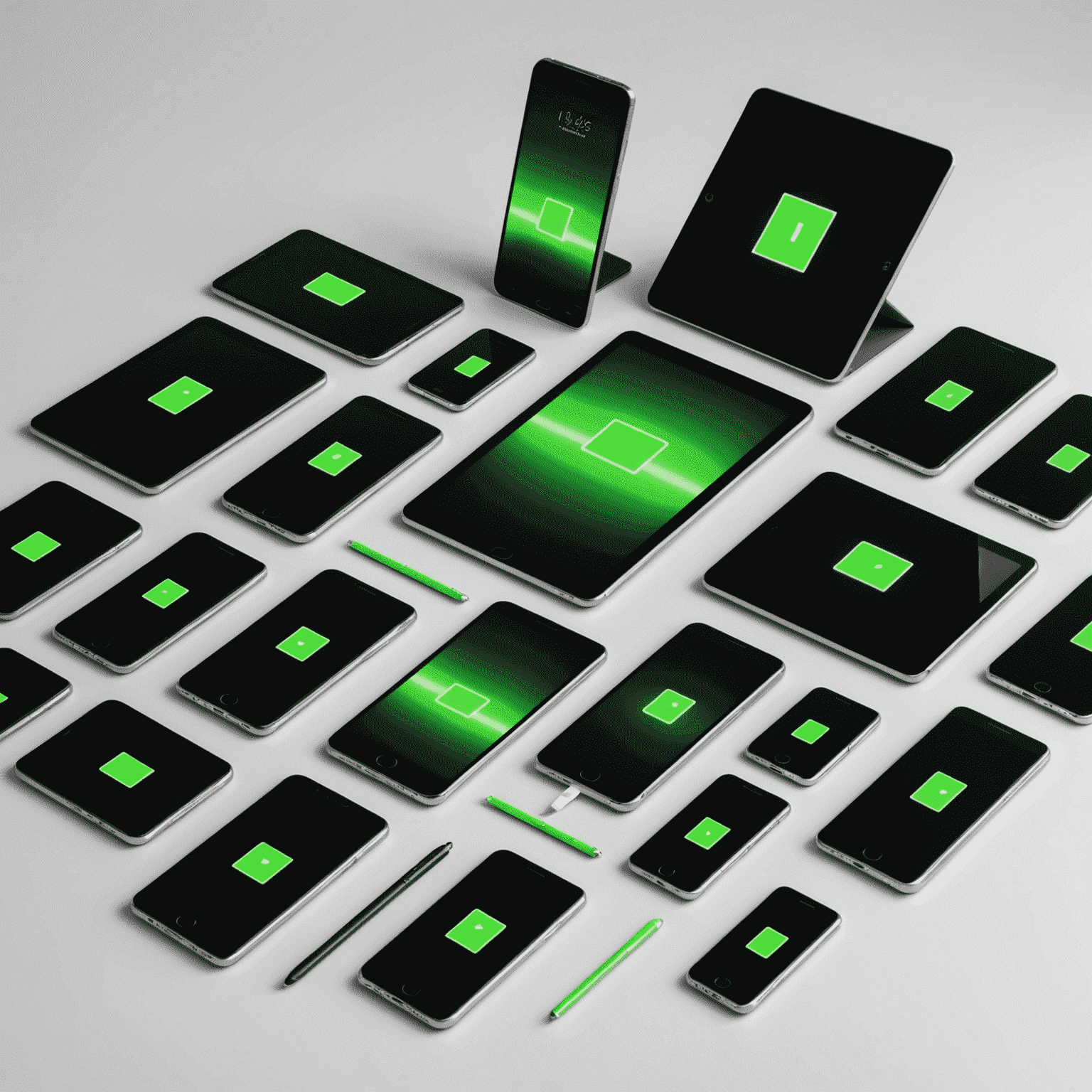 Various smartphones and tablets arranged neatly for trade-in, with a neon green glow around them