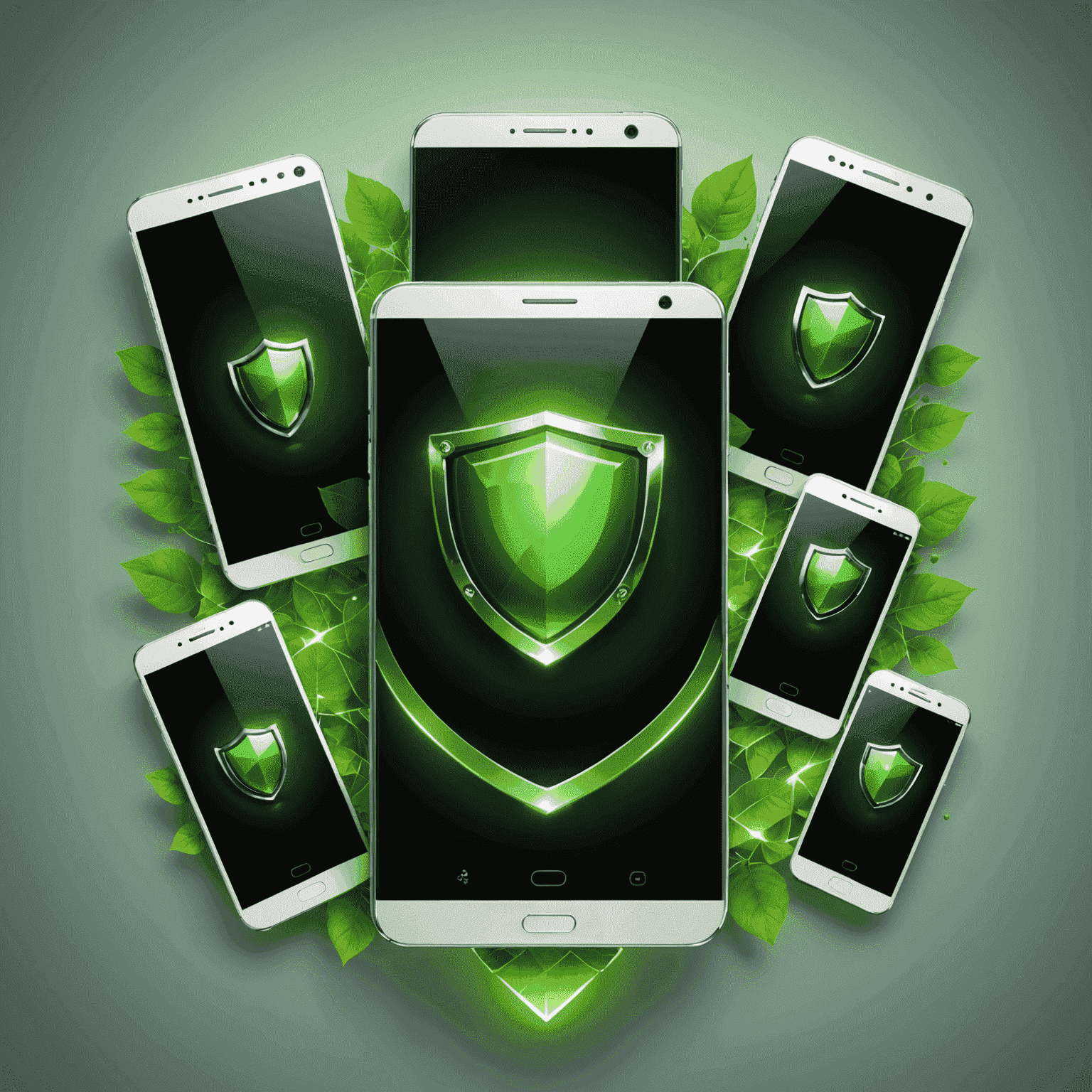 A group of smartphones and tablets surrounded by a glowing green shield, symbolizing protection and security for mobile devices