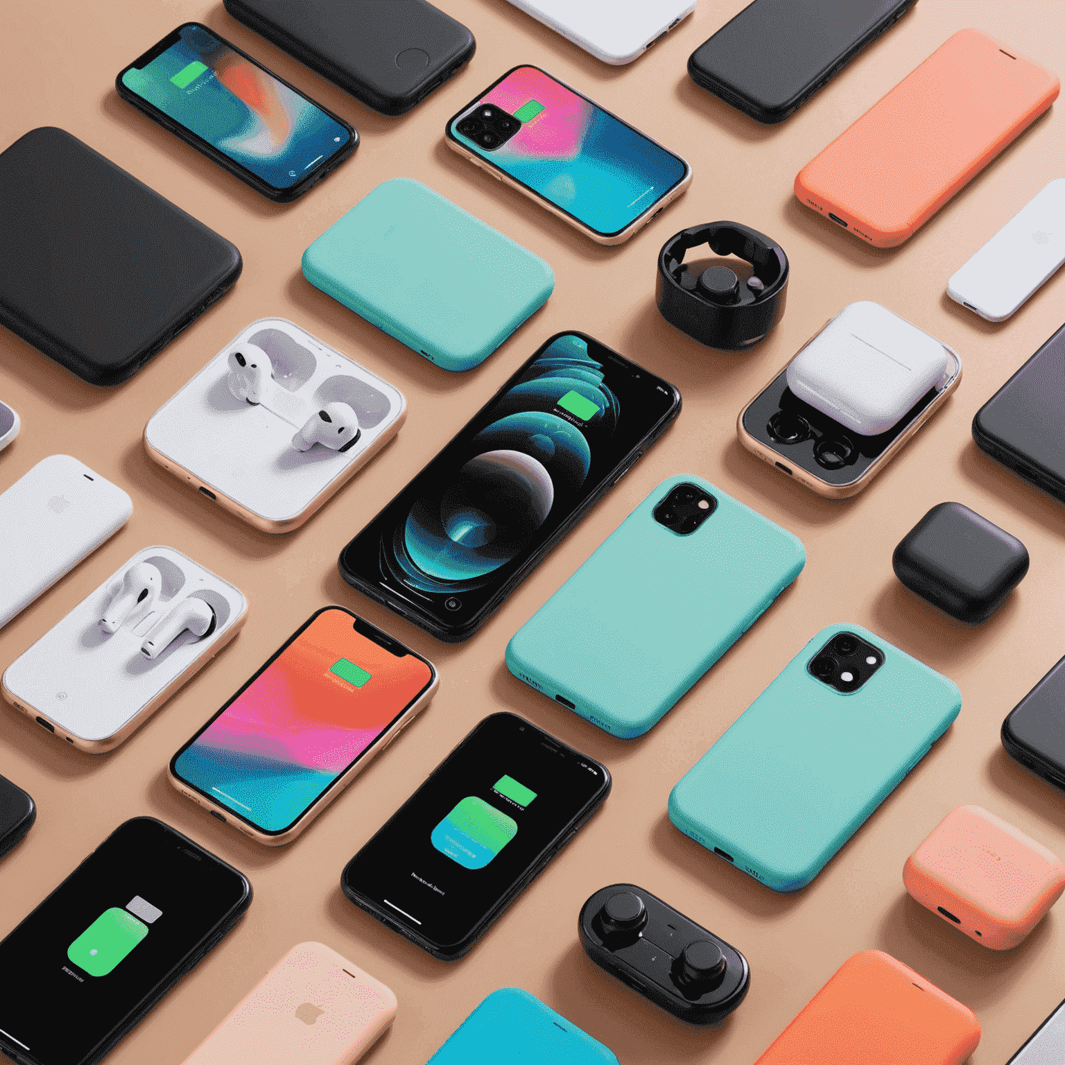 Display of various mobile accessories including colorful cases, screen protectors, chargers, and wireless earbuds