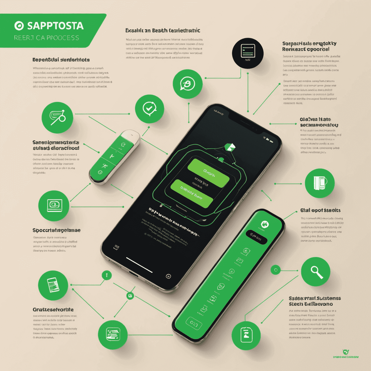 An infographic showing the step-by-step smartphone repair process at Saliposa, from diagnosis to quality testing. The image has a neon green border and cream-colored background.