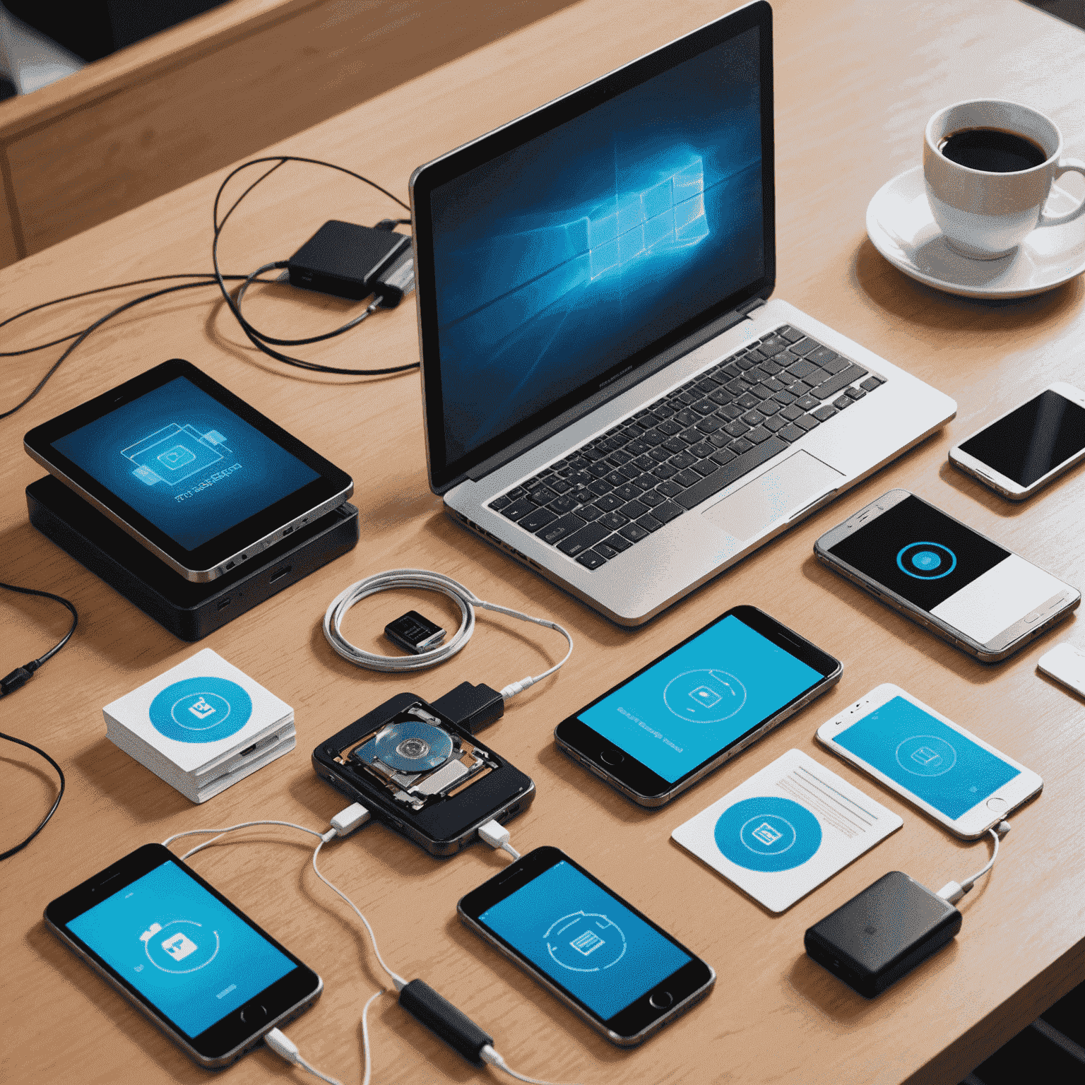 A step-by-step visual representation of the data recovery process, showing a smartphone connected to specialized equipment and a computer screen displaying recovered files.