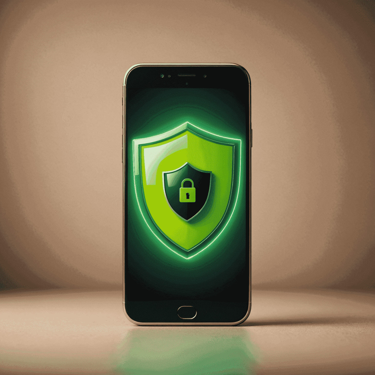 Smartphone with a neon green shield icon, representing mobile security and data protection