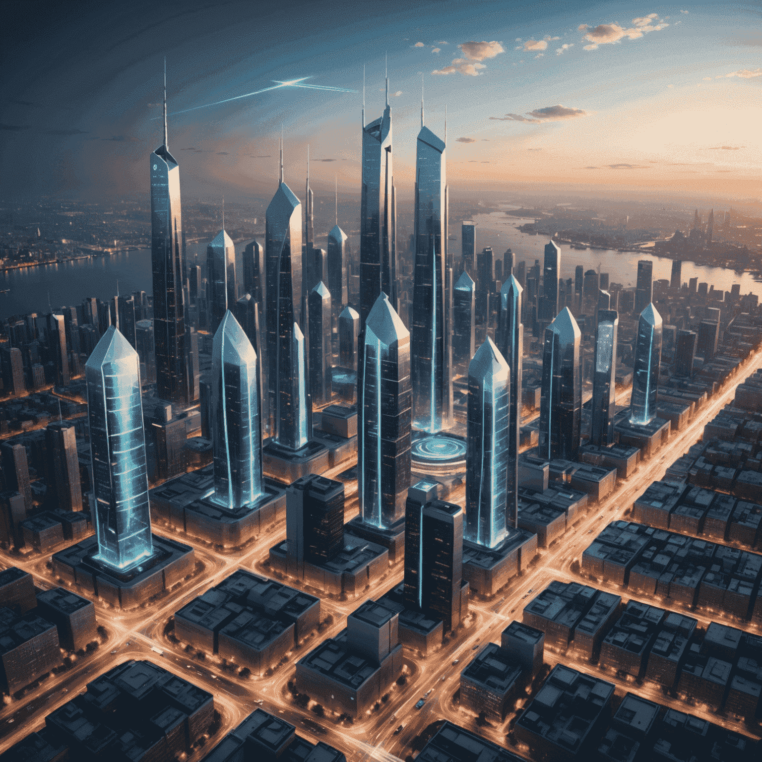 A futuristic cityscape with 5G towers, showing fast data transfer visualized as light streams