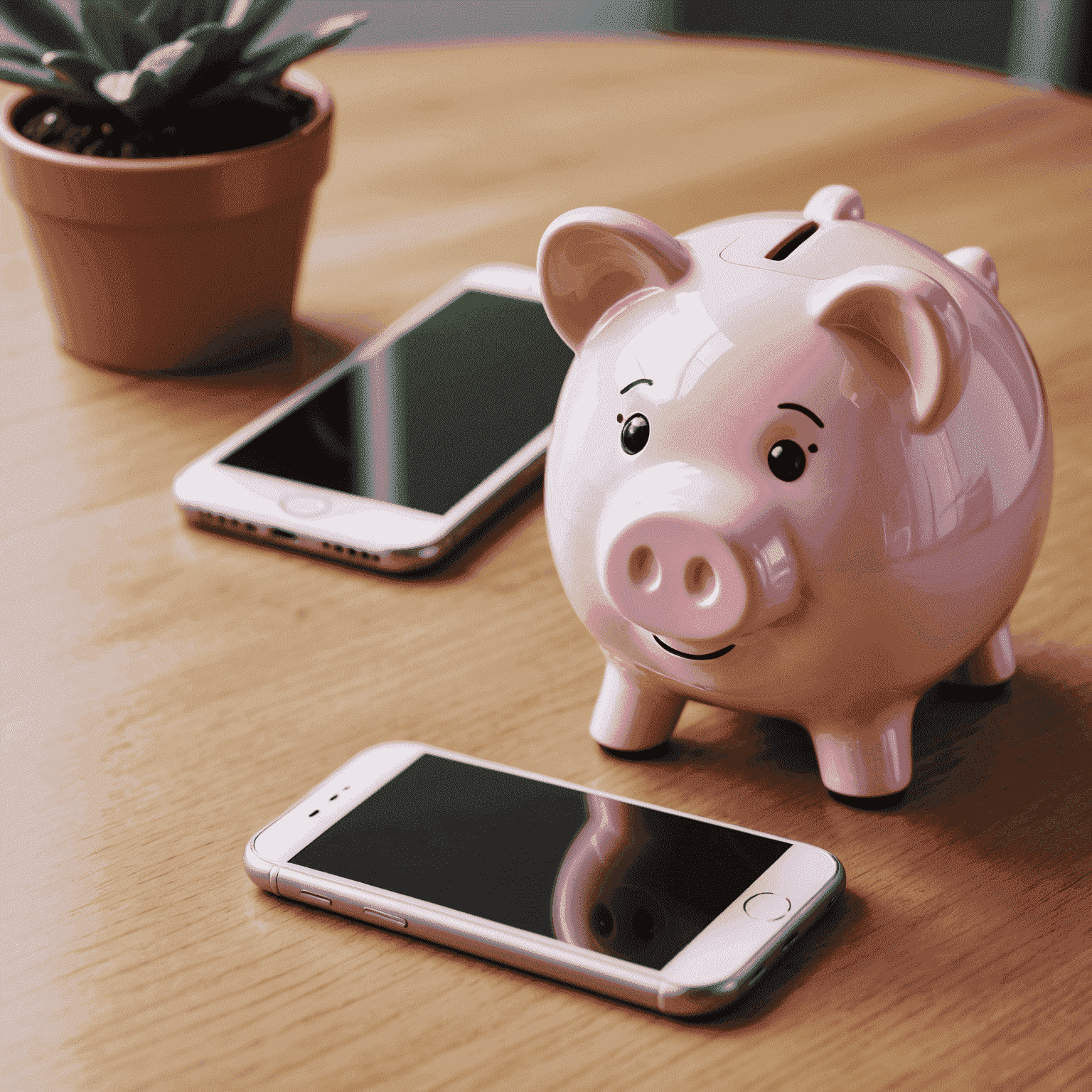 A piggy bank next to a smartphone, symbolizing cost savings on mobile plans