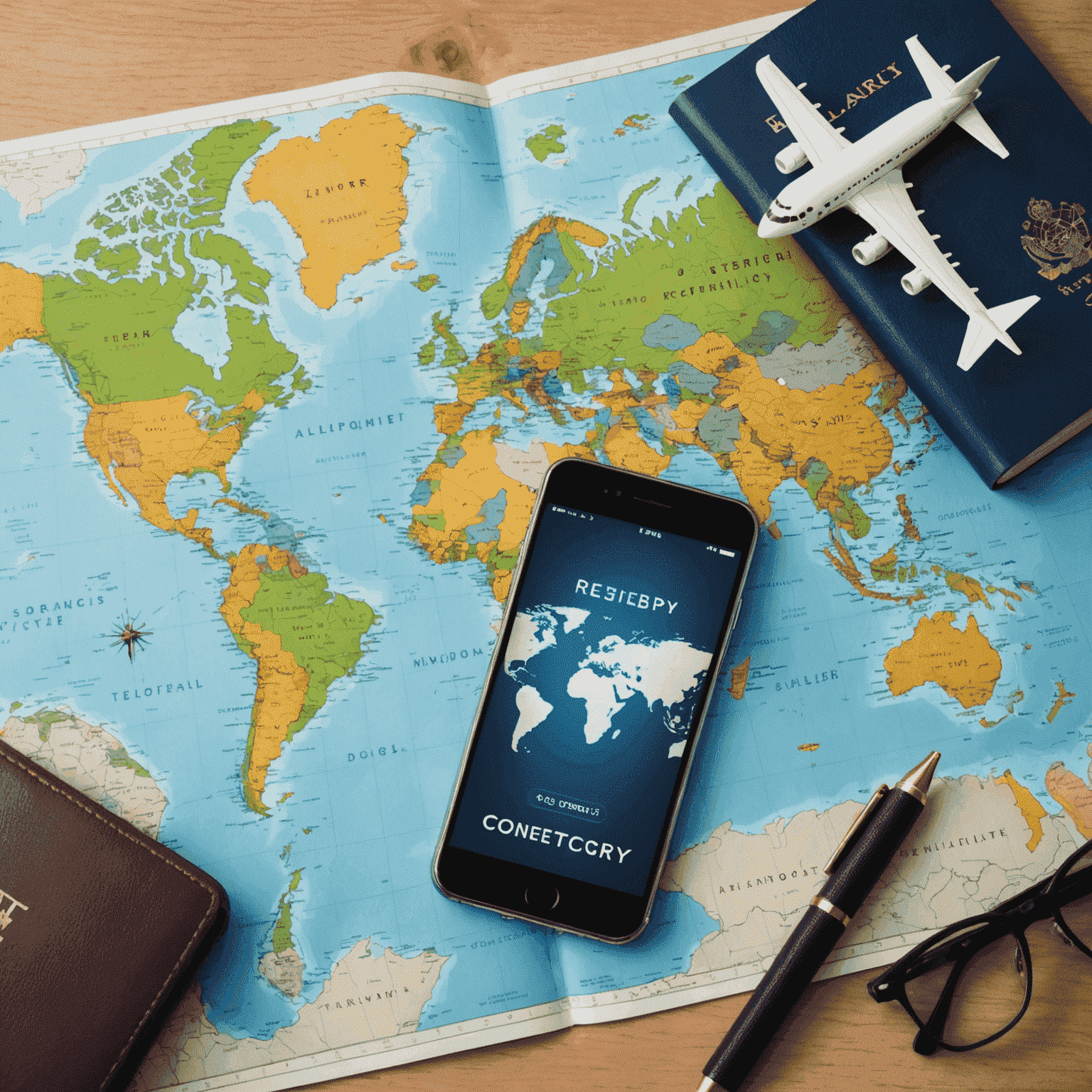 A world map with a smartphone, passport, and airplane, representing global connectivity