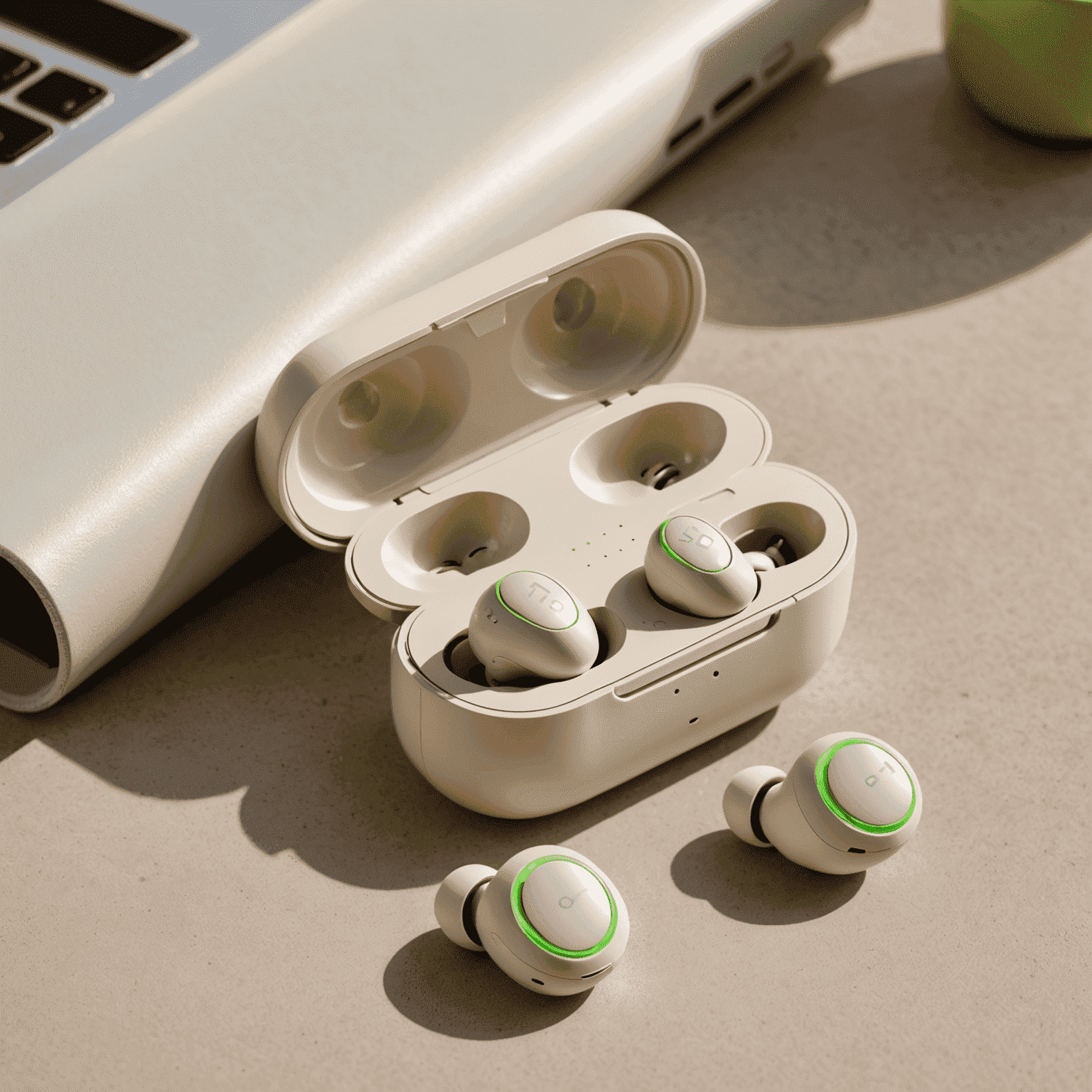 Wireless earbuds in a cream color with neon green accents, displayed next to their charging case